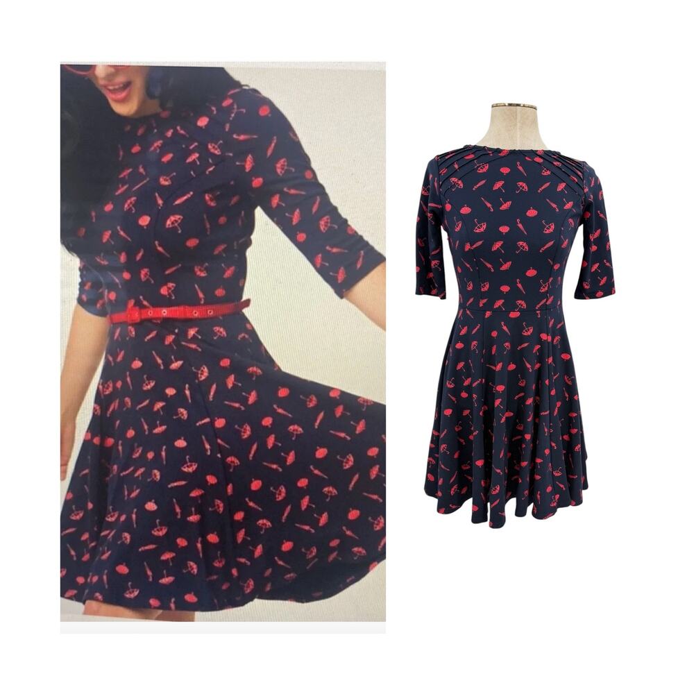 Unique Vintage x Gwynnie Bee Umbrella Print Fit & Flare Dress Navy Red M 6-8